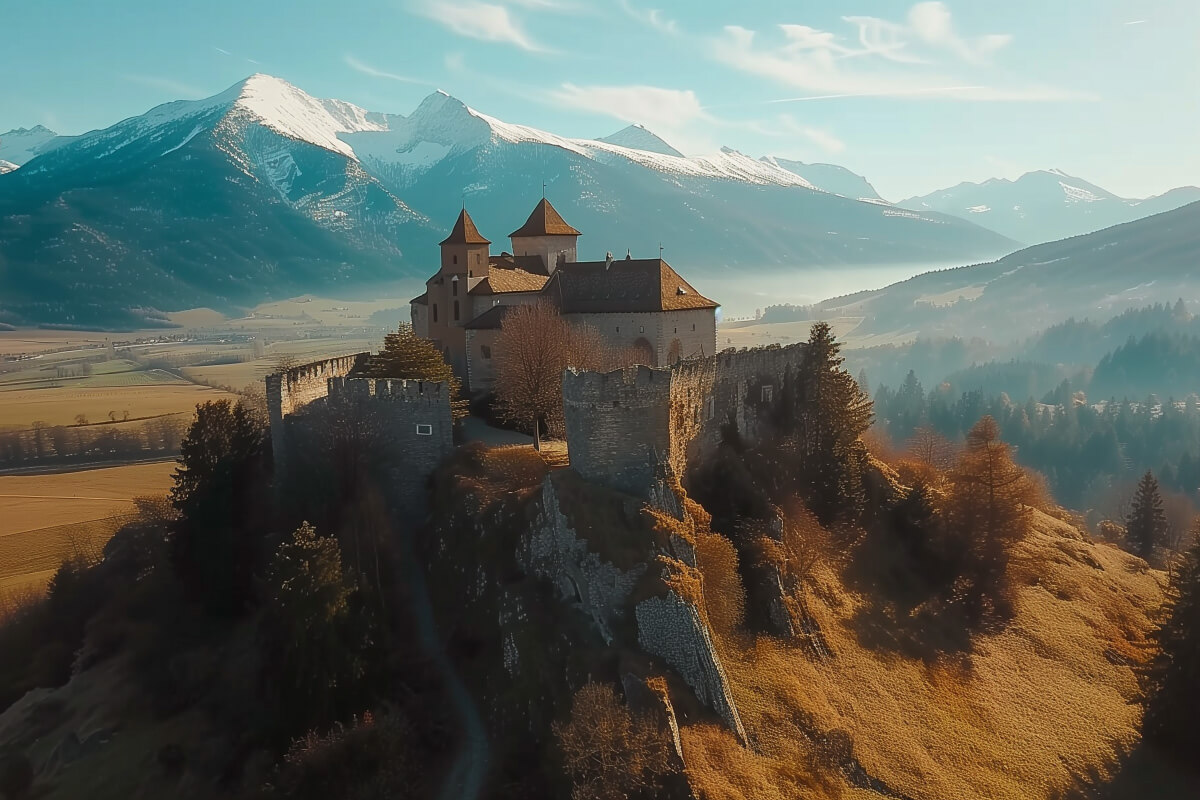 imposante Burg mit verschneiten Bergen im Hintergrund KI generiert