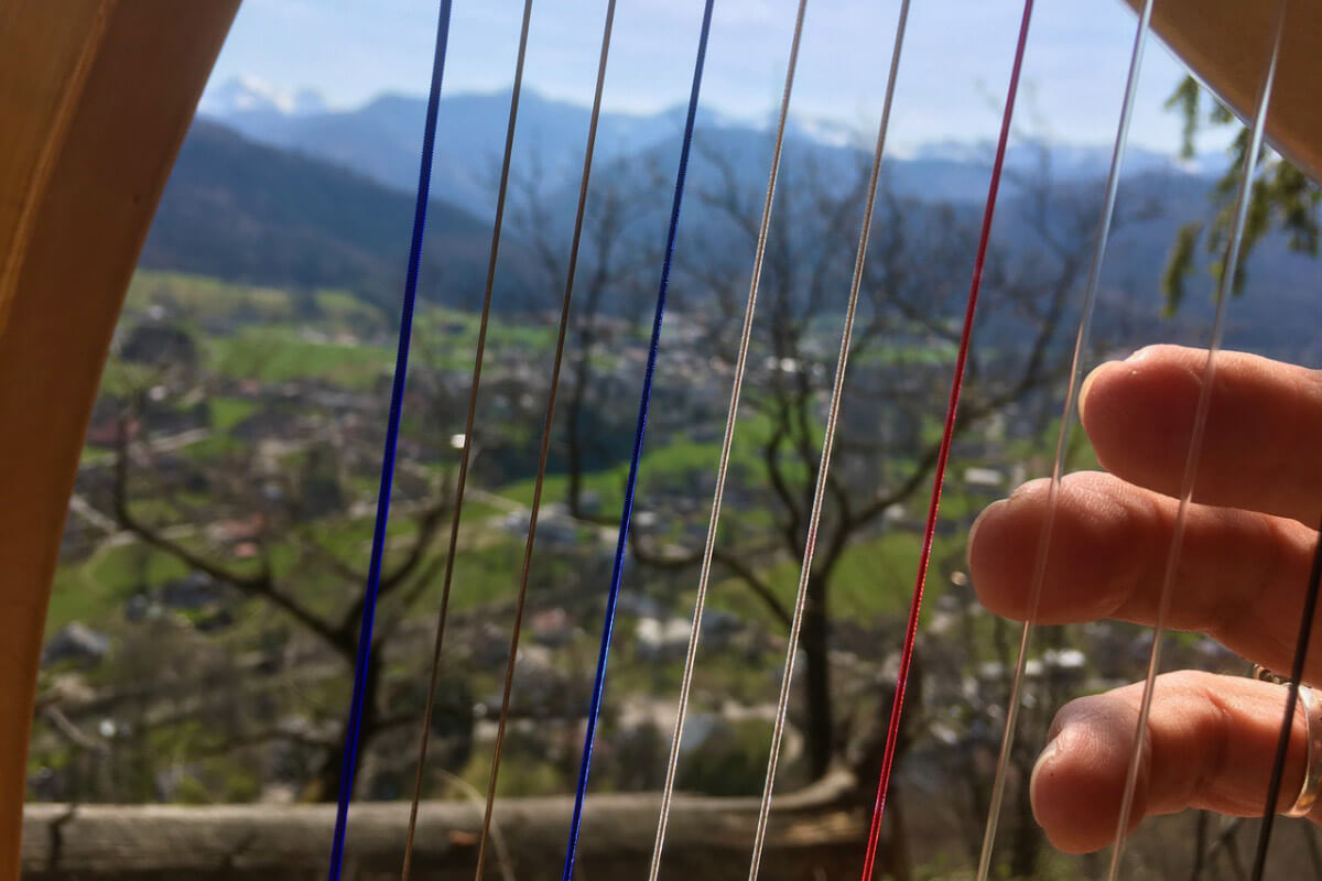 Man sieht drei Finger auf Harfensaiten, im Hintergrund unscharf Bäume und Landschaft.